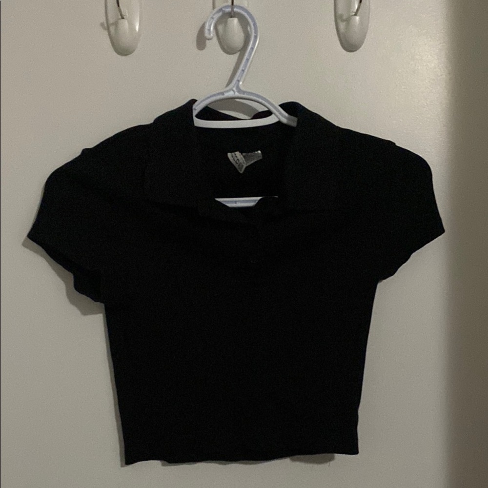 Black Fitted Crop Button Down Shirt with Peter Pan Collar